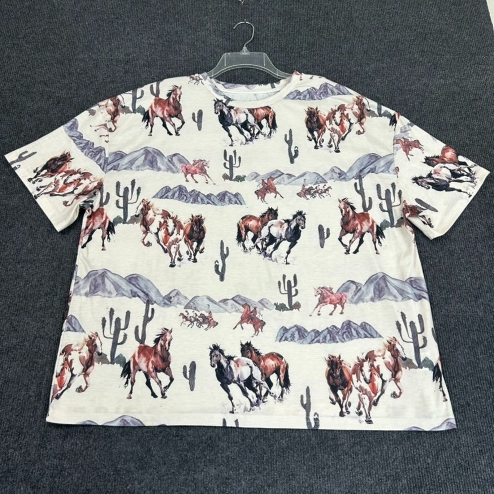 SHEIN Running Horses Women's 2XL Short Sleeve Shirt‎ Mountains Western Cowgirl